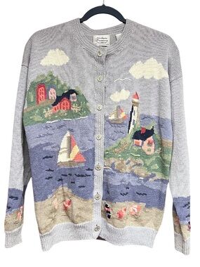 Vintage Northern Treasures Lighthouse Coastal Sailboat Cardigan Sweater XL